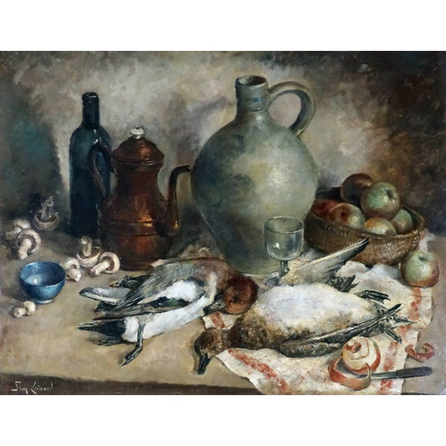 A Spectacular and Striking Simone Lienard (Belgium, 1912-1988), circa 1950 oil on canvas painting of ducks on the kitchen...