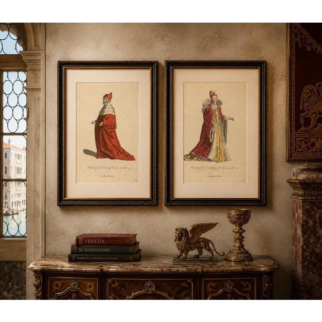Duke & Duchess of Venice Costume Engravings, Hand-Colored Pair, 1581 This striking pair of mid-18th century hand-colored...