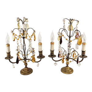 Pair of 1970s Girandole Candelabra Lamps with Clear Amethyst & Amber Crystals