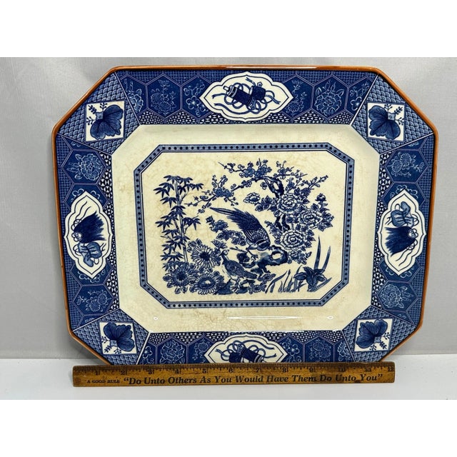 Vintage Oriental Ironstone Platter: Blue Transferware Gamebird Design For Sale - Image 9 of 10