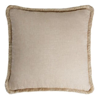 Beige with Beige Fringes Happy Linen Pillow by LO DECOR for Lorenza Briola For Sale