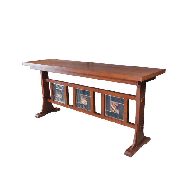 An exceptional, custom-built artisan console table that flawlessly merges classic Arts and Crafts structural geometry with...