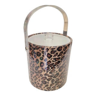 Vintage Vinyl Leopard Lucite Handle Ice Bucket Holder For Sale
