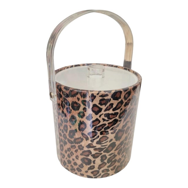 Vintage Vinyl Leopard Lucite Handle Ice Bucket Holder For Sale