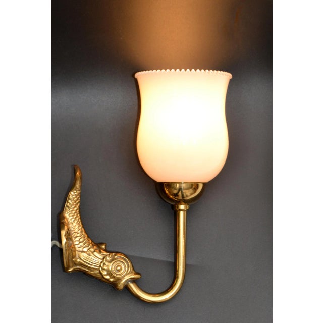 Brass Maison Lancel Brass Dolphin Sconces Ruffled Opaline Glass Shade France 1950-Pair For Sale - Image 8 of 13