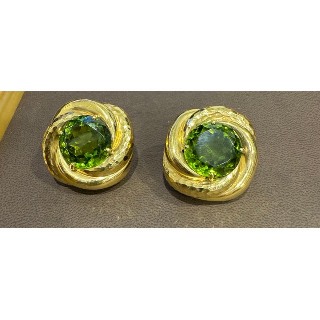 30Ct Natural Round Peridot Earrings by Andrew Clunn in 18 Kt Hammered Gold, Clip For Sale - Image 9 of 18