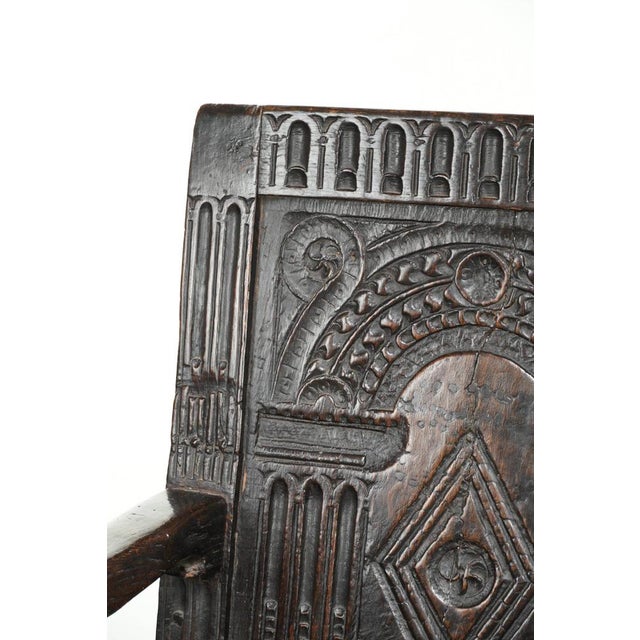 Antique English Oak Wainscot Chair with Wood Carving For Sale - Image 9 of 14