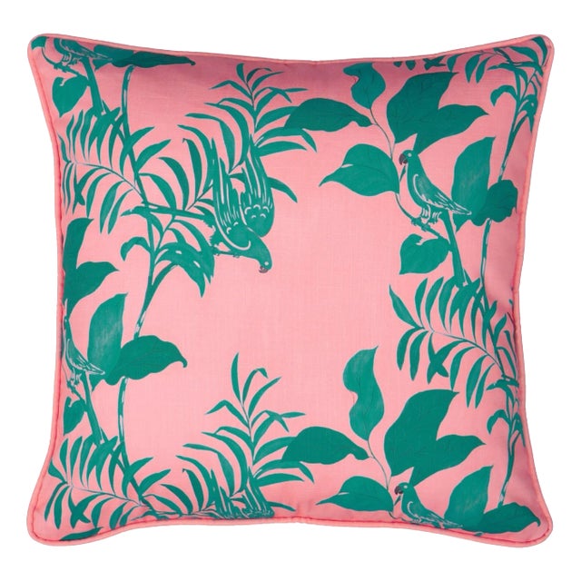 22" Paule Marrot Parrots Pillow Cover in Pink and Green For Sale