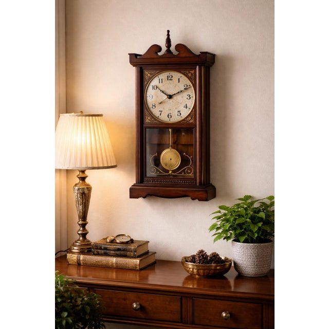 Late 20th Century Late 20th Century PPL 31-Day Wall Clock With Pendulum Window, Wood Case (Traditional Mechanical Style) Measurements: 26" H × 12" W × 5.5" D For Sale - Image 5 of 8