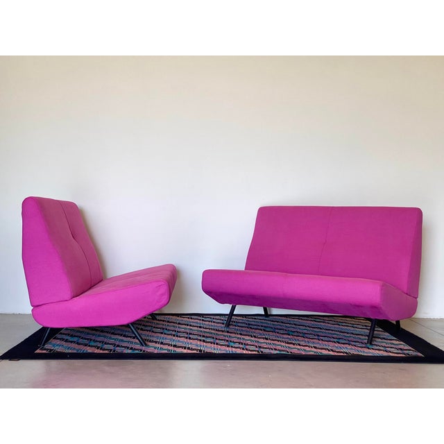 Rare pair of original 1950s sofas by Marco Zanuso for Arflex, painted iron structure, newly redone padding and fabric, the...