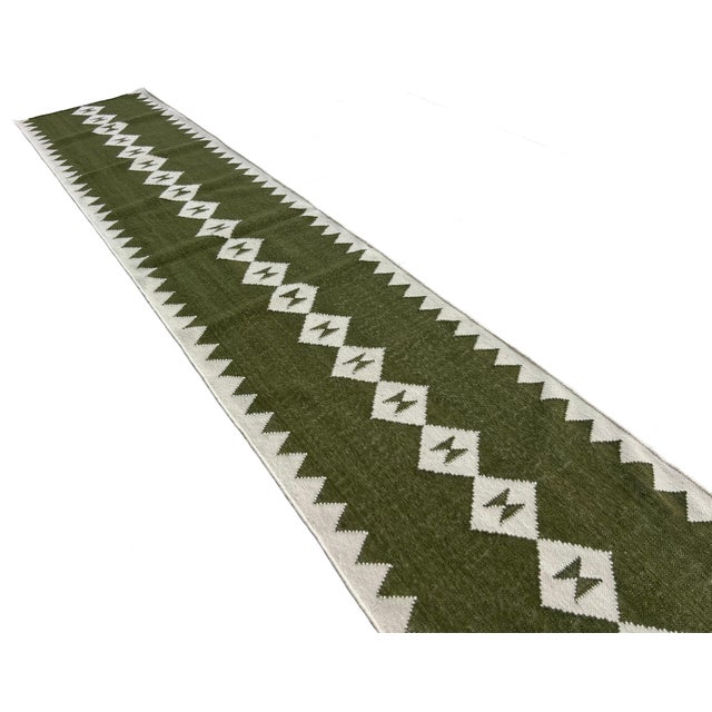 Mid-Century Modern Handmade New Zealand Wool Dhurrie Runner, Olive Green and Cream Geometric Runner Rug- 2'x10' For Sale - Image 3 of 12