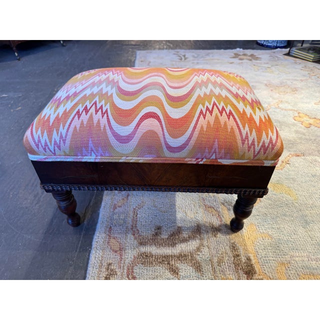 Antique Mahogany Ottoman With Decorator Fabric For Sale - Image 4 of 6