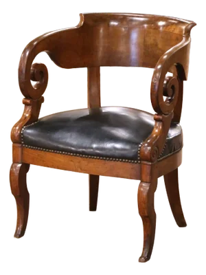 19th Century French Empire Mahogany Desk Armchair With Scroll Arms and Leather Seat