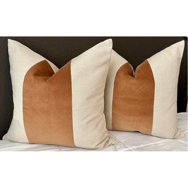 Contemporary Custom Oatmeal Linen & Copper Mohair Stripe Down-Filled Lumbar Pillow 12" x 20" - Single For Sale - Image 3 of 3
