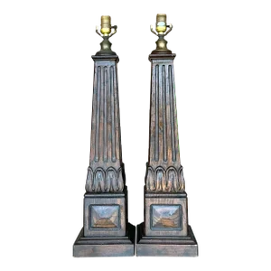 Vintage Boho Carved Wood Column Lamps - a Pair