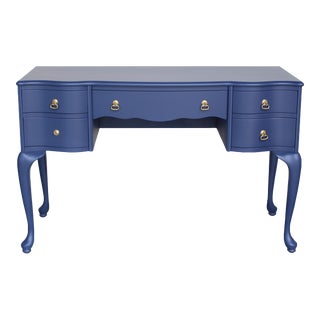 Late 20th Century Vintage Queen Ann Style Blue Desk of Five Drawers For Sale