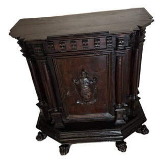 Italian Antique Walnut Credenza Excellent Overall C. 1825 Renaissance Style, Lion Coat of Arms One Concealed Drawer. Red Cloth Interior. For Sale