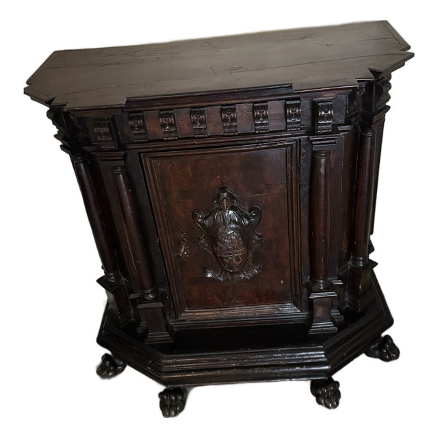 Italian Antique Walnut Credenza Excellent Overall C. 1825 Renaissance Style, Lion Coat of Arms One Concealed Drawer. Red Cloth Interior. For Sale