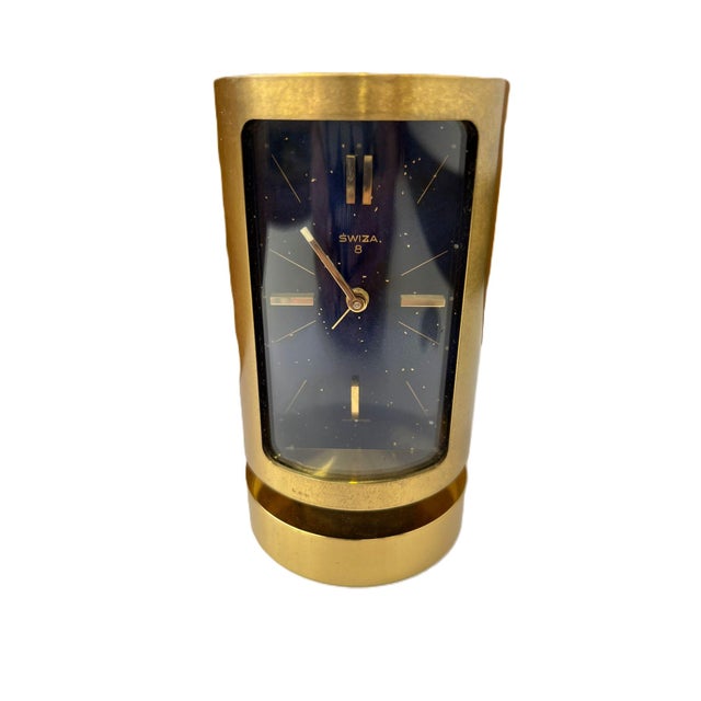 Swiza Alarm Clock in Gold-Plated Brass and Lapis Lazuli, Swiss, 1960s For Sale - Image 3 of 11
