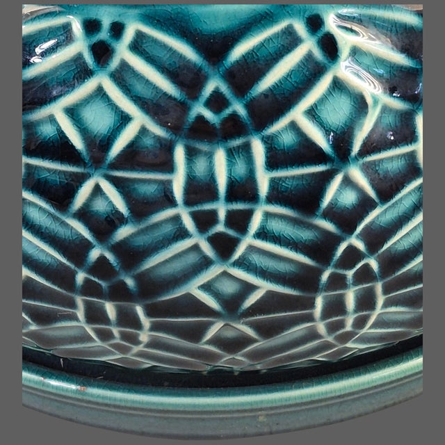Vintage Glazed Pottery Teal, Green, Blue Planter Attached Under Plate For Sale - Image 4 of 7