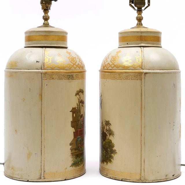 Pair of Large English Tole Tea Canister Lamps With Chinoiserie Decoration - 19th Century For Sale - Image 4 of 10