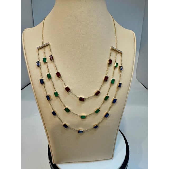 Three Layer Necklace With Emerald , Ruby & Kyanite with Diamond Bar, 14 KYG 15Gm For Sale - Image 18 of 18
