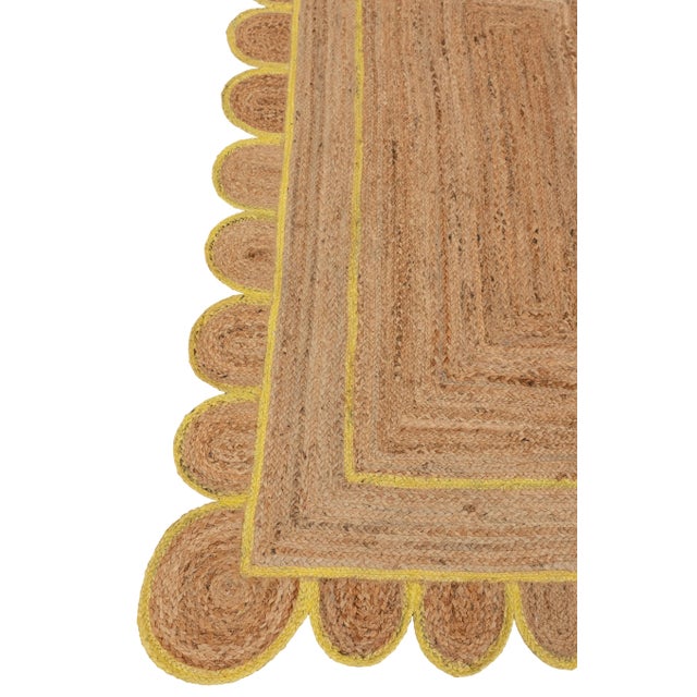 Boho Chic 2.6'x5' Yellow Trim Jute Scallop Braided Hand Made Bohemian Rug For Sale - Image 3 of 13