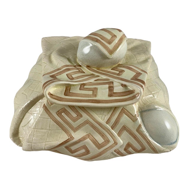 Sarreguemines Majolica Trompe L’Oeil Greek Key Napkin Egg Box Pâté Terrine For Sale