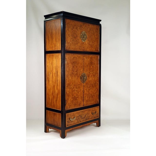 Rare tall cabinet in modern Asian style, 2-door upper section, 2 large doors below, open compartments and 4 drawers...