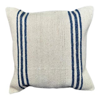 Turkish Hemp Pillow Cushion Natural Beige Blue Cushion Cover 20"x20" For Sale