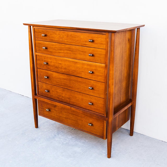 Restored 1950s Mount Airy Walnut & Brass Sculptural Mid Century Highboy Dresser, Attributed For Sale - Image 13 of 14