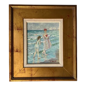 80's W. Thorton Impressionist Mother & Daughter on the Beach Oil Painting, Framed