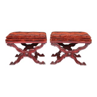 Fantastic Pair of Red and Black Glazed Carved French X Form Benches Circa 1950 For Sale