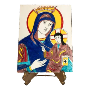 Antique Kütahya Pottery Icon Tile Armenian Virgin Mary & Child Jesus Turkey 1820