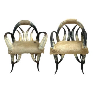 Pair of Rare Vintage Steer Horn &Amp; Cowhide Rustic Southwestern Armchairs. For Sale