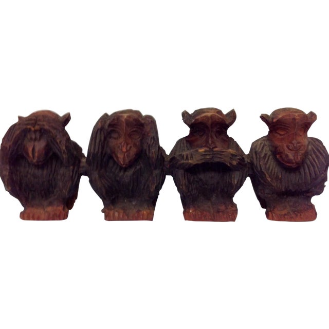 Vintage Hand Carved Wise Monkeys Sculpture - - Set of4 For Sale