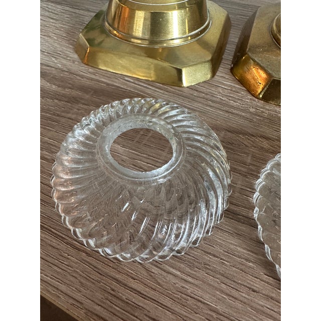 Metal Vintage Solid Brass Octagonal Candlesticks With Swirl Glass Bobeches, Pair For Sale - Image 7 of 13