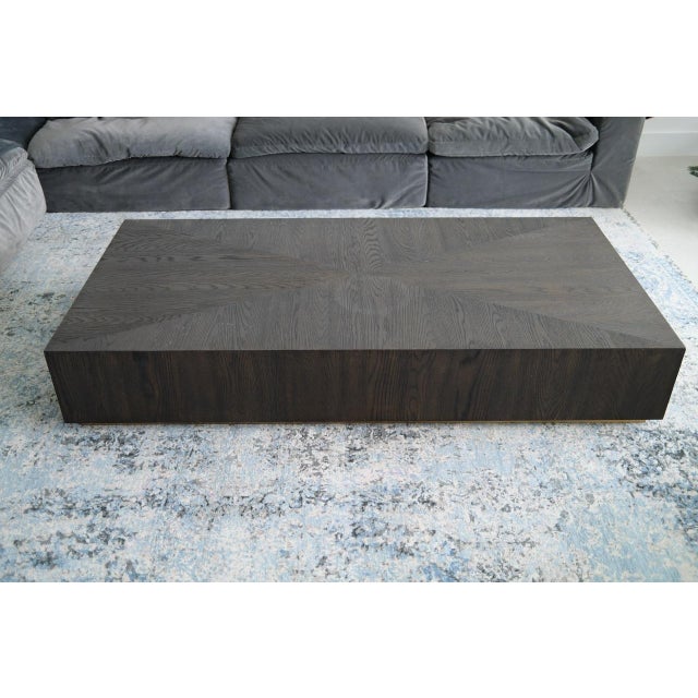 Modern Cerused Dark Oak Plinth Coffee Table With Starburst Veneer Top & Brass Inlay For Sale In Miami - Image 6 of 12