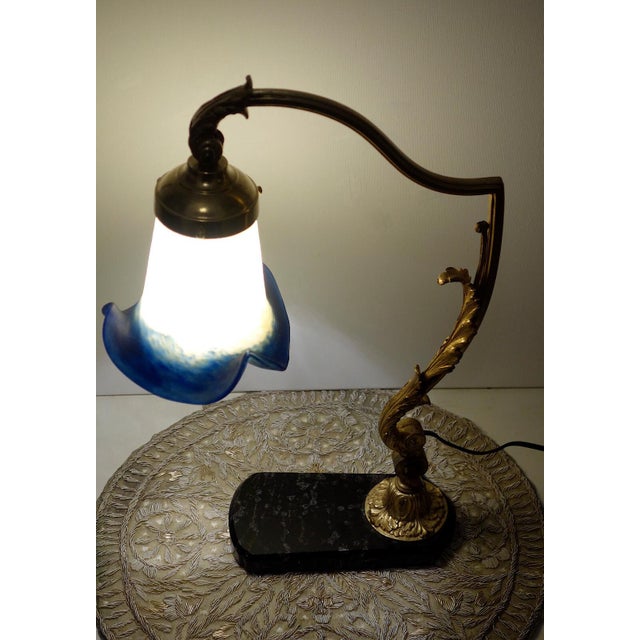Metal Antique Brass and Marble Pate De Verre Table Lamp, France, 1920s For Sale - Image 7 of 11