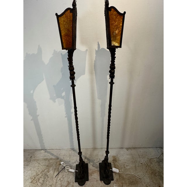Amber Pair of Vintage Iron Floor Lamps With Amber Mica Shades For Sale - Image 8 of 12