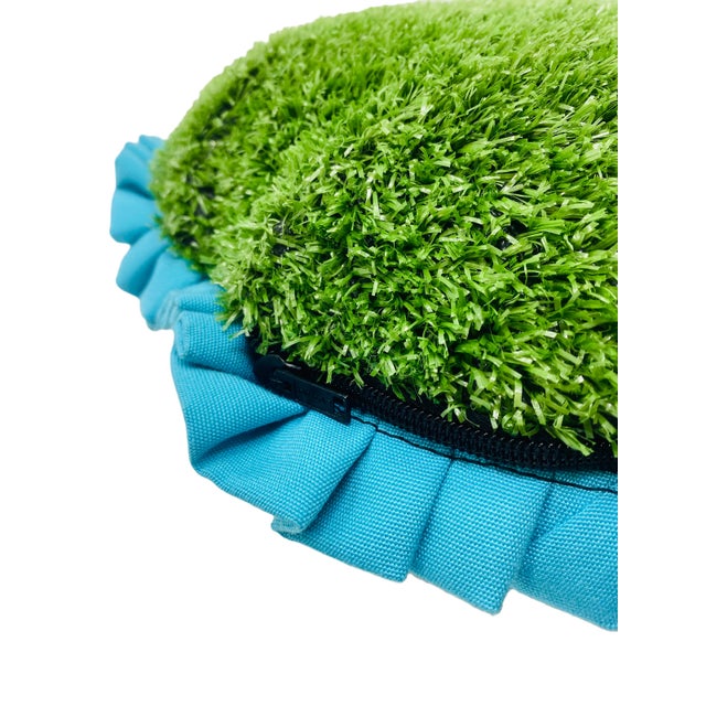 Textile Custom Handcrafted Artificial Turf Lumbar Pillow With Turquoise Ruffle - Small Round For Sale - Image 7 of 8