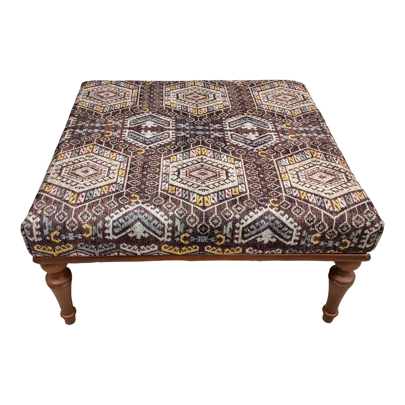 Brown Rug Print Fabric Upholstered Square Coffee Table | Chairish