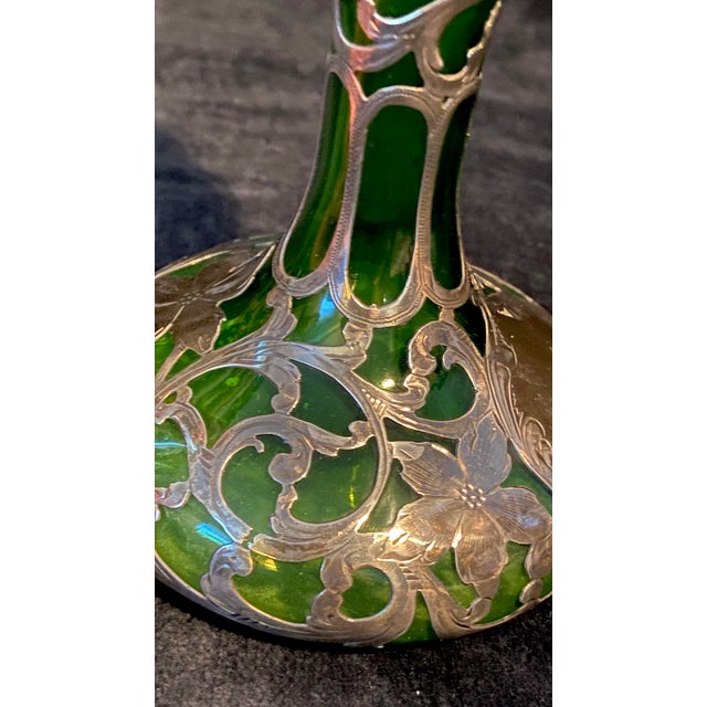 Art Deco Antique Loetz Sterling Art Nouveau Green Glass Vase For Sale - Image 3 of 9