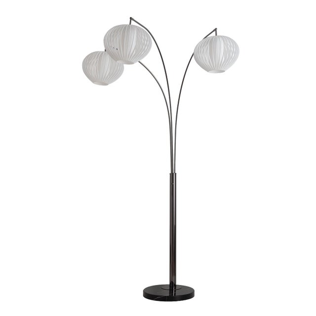 Bloom 3-Light Arc Floor Lamp - Black Nickel, Black Marble Base, White Satin Shade, Dimmer For Sale - Image 4 of 11