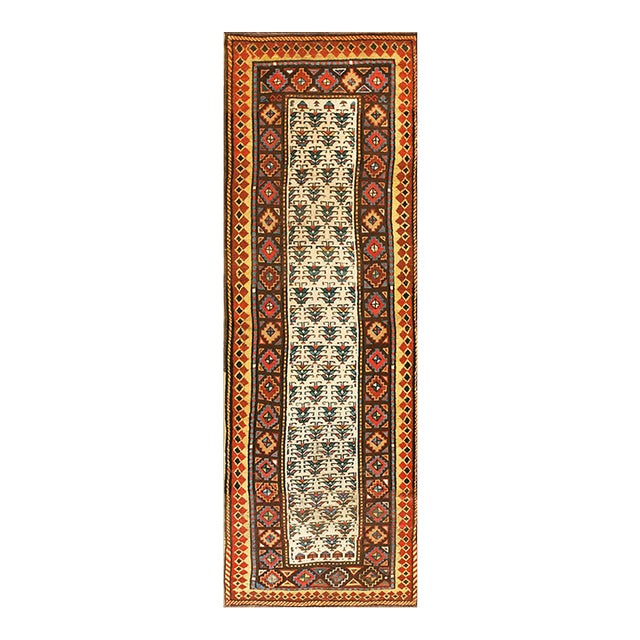 1870s Ivory Geoemtric Antique Nw. Persian Rug 3'5" X 8'8" Handmade Wool Carpet For Sale