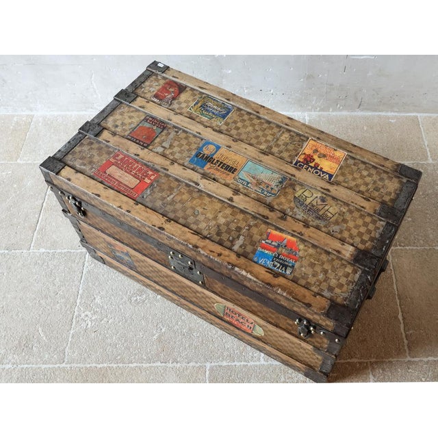Antique Damier Steamer Trunk with Hotel Labels and Initials from Louis Vuitton, 1890s For Sale - Image 13 of 15