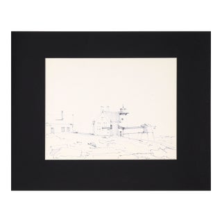 Lighthouse at the Shore — Impressionist Pen and Ink Landscape Drawing by Laurence Sisson For Sale