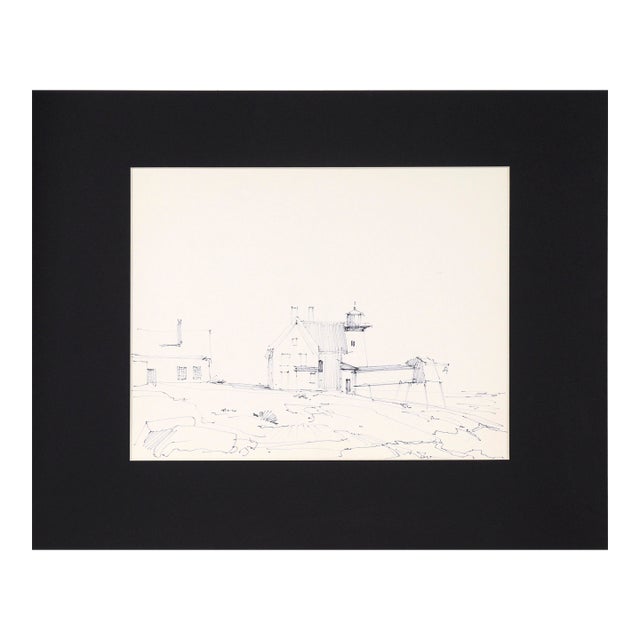 Lighthouse at the Shore — Impressionist Pen and Ink Landscape Drawing by Laurence Sisson For Sale