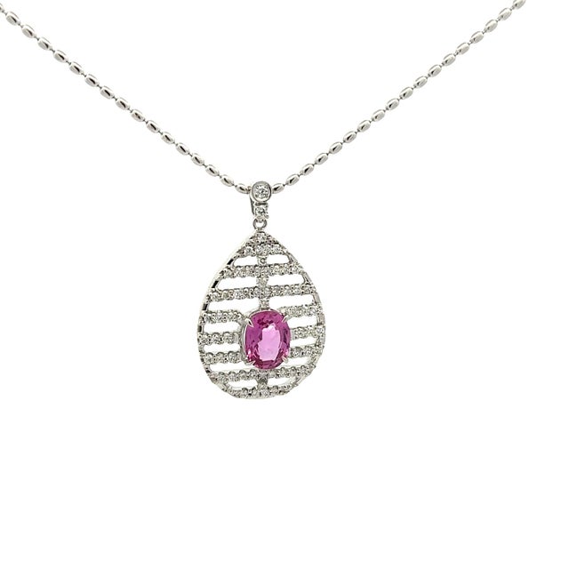 Contemporary 2.16 Carat Pink Sapphire Diamond 18k White Gold Pendant Necklace For Sale - Image 3 of 7