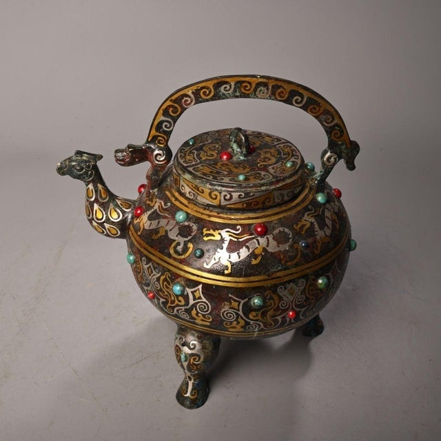 Asian Vintage Bronze Lidded Tripod Ewer With Gold Silver Inlay & Gemstone Inset, Bird Spout Wine Vessel For Sale - Image 3 of 10